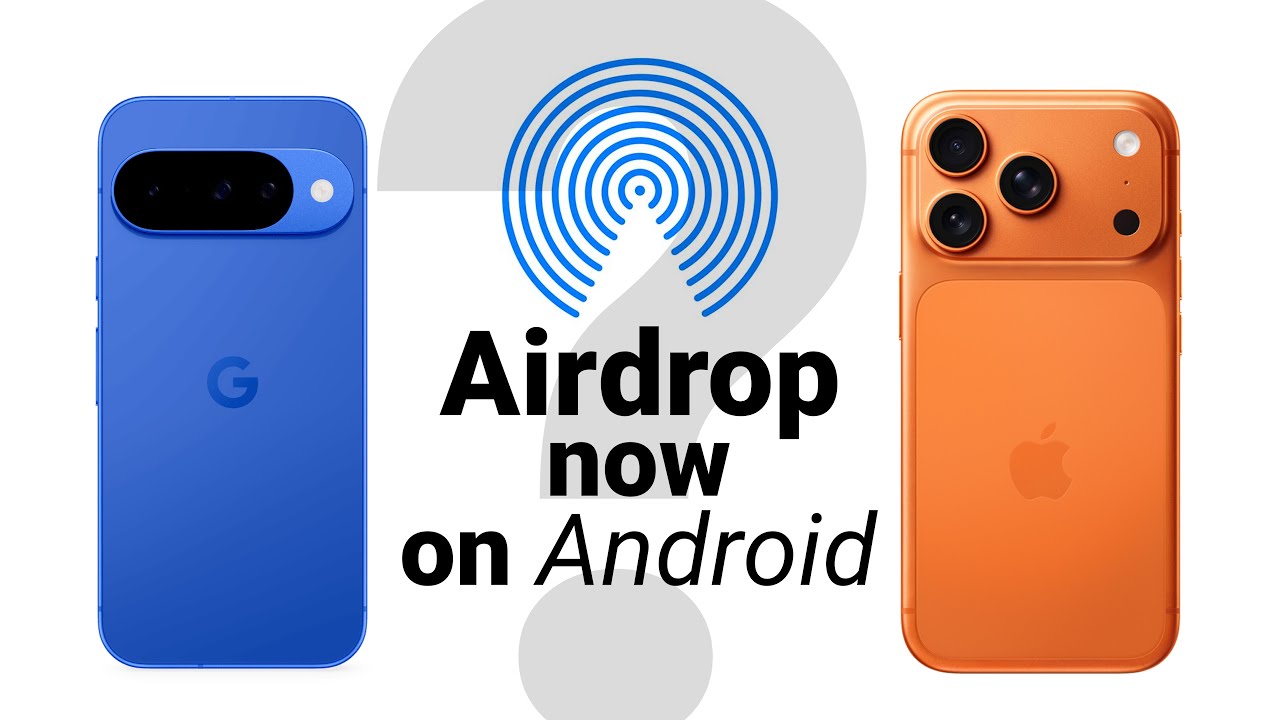 من موقع فون إسلام: يظهر هاتف Google Pixel أزرق اللون وهاتف برتقالي اللون مع نص "Airdrop الآن على نظام Android؟" وأيقونة AirDrop في الخلفية، مع تسليط الضوء على ميزات نقل بين الأجهزة.