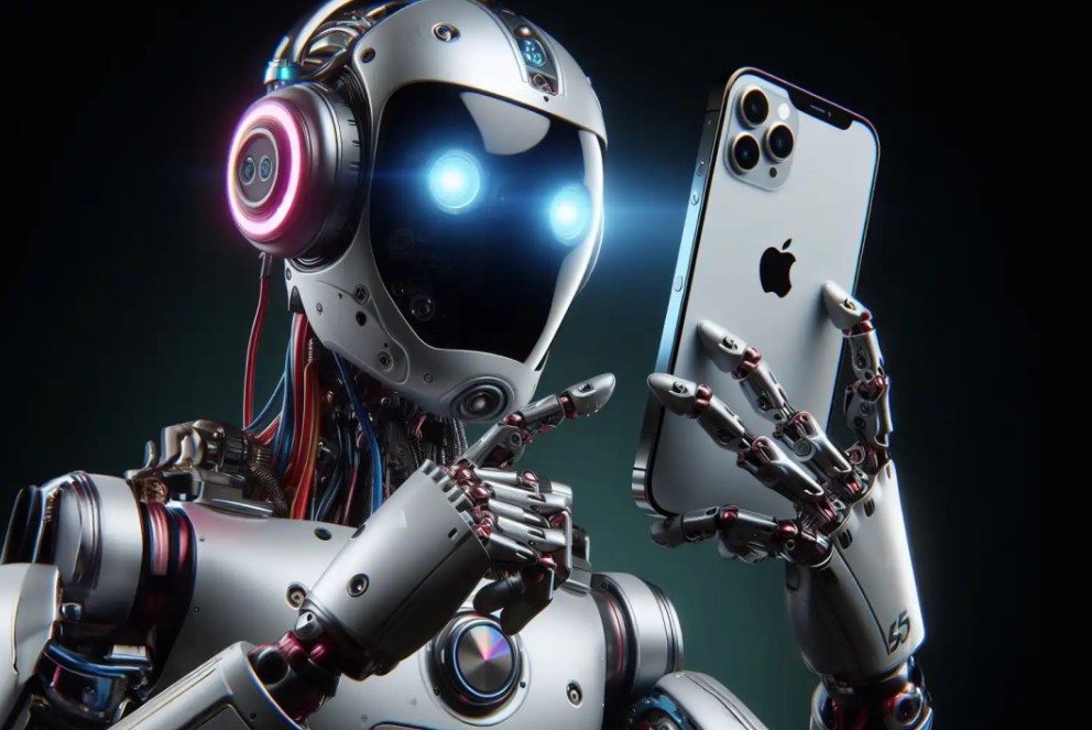 من موقع فون إسلام: إنسان آلي بعيون زرقاء متوهجة وسماعات رأس يحمل هاتف آيفون، ويتفحص عن كثب الأداء والجودة على خلفية مظلمة.