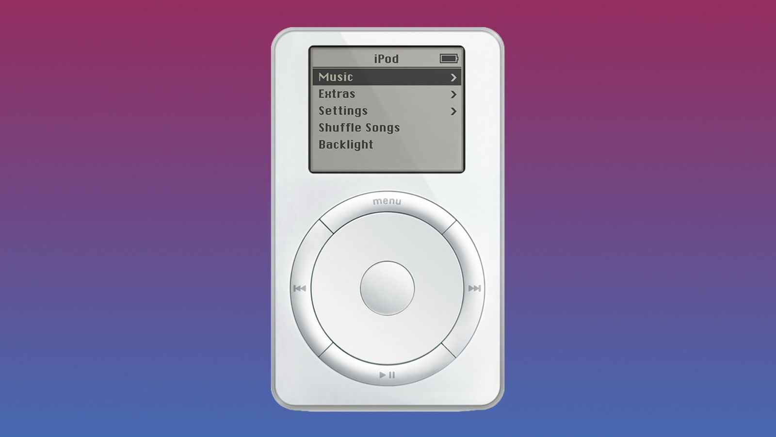 من موقع فون إسلام: جهاز iPod أبيض من الجيل الأول من Apple iPod مع شاشة باللونين الأبيض والأسود تعرض خيارات القائمة، تظهر على خلفية متدرجة من الأرجواني إلى الأزرق، وهي مثالية لمحبي الحنين إلى الماضي من محبي أخبار التقنية وتحديثات ملخصات ملخصي الأسبوعية.