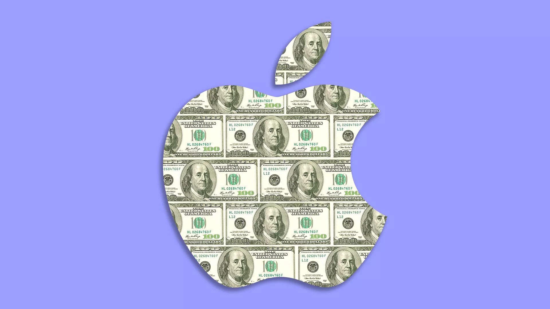 من موقع فون إسلام: شعار Apple مليء بأوراق نقدية متداخلة من فئة المائة دولار أمريكي على خلفية خزامى صلبة، مما يسلط الضوء على إيرادات أبل المذهلة البالغة 2.4 مليون دولار أمريكي التي حققها كل موظف واحد.