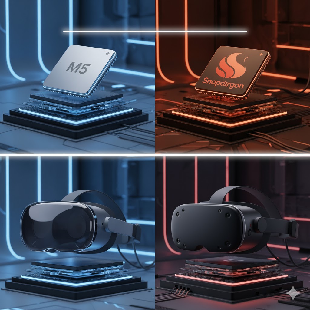 من موقع فون إسلام: صورة مقارنة تُظهر سماعات الواقع الافتراضي نظارة أبلارة في بروجو وسماعات سامسونج إكس آر مع معالجاتها - M5 في الإضاءة الزرقاء وسناب دراجون في الإضاءة الحمراء - وكلاهما مظلّل في بيئة تقنية مستقبلية.