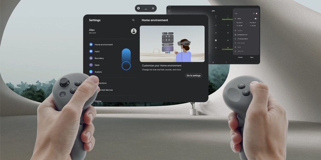 من موقع فون إسلام: يمسك شخص بوحدتي تحكم في الواقع الافتراضي أثناء التنقل في قائمة إعدادات افتراضية لتخصيص بيئة منزلية باستخدام نظارة أبل في برجنو مع عرض واجهات رقمية في العرض.