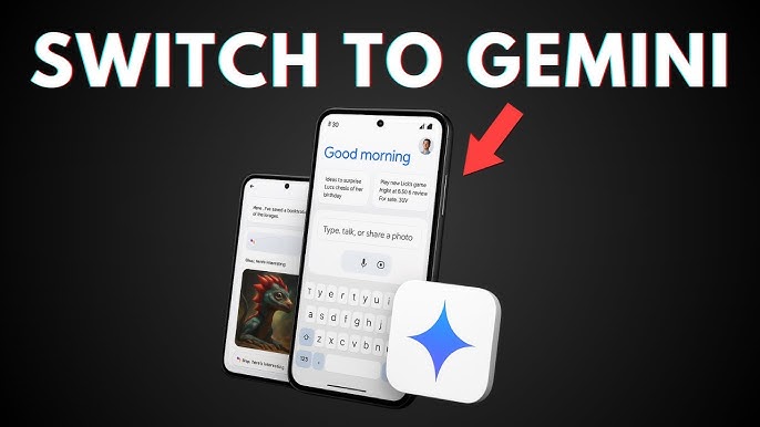 من موقع فون إسلام: يعرض هاتفان ذكيان شاشتين مختلفتين، إحداهما تعرض تحية وشريط بحث، مع أيقونة تطبيق Gemini والنص "SWITCH TO GEMINI" أعلاه. يشير السهم الأحمر إلى سهم أحمر يشير إلى سيري بجيميناي.