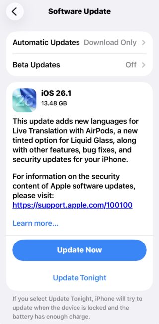 من موقع فون إسلام: لقطة شاشة لشاشة تحديث برنامج آيفون تعرض تفاصيل الإصدار 26.1 من نظام التشغيل iOS 26.1، بما في ذلك الميزات الجديدة وحجم التحديث وخيارات التحديث الآن أو الليلة - وهي مثالية لمن يتتبعون أحدث إصدارات التحديث.