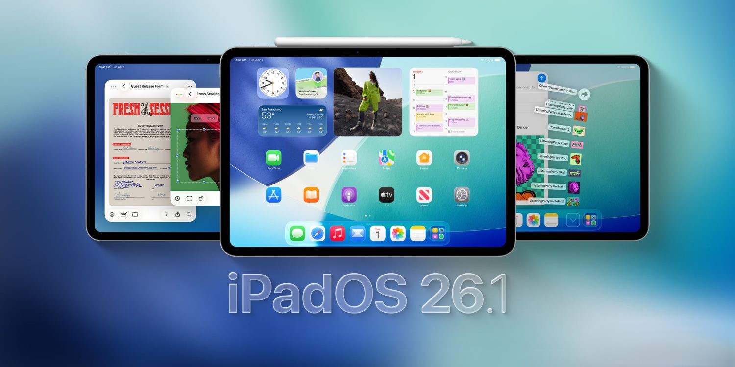 من موقع فون إسلام: تعرض ثلاثة أجهزة iPad iPadOS 26.1 شاشات رئيسية وتطبيقات مختلفة لنظام iPadOS 26.1، مع نص iPadOS 26.1 في المقدمة، على خلفية متدرجة زرقاء.