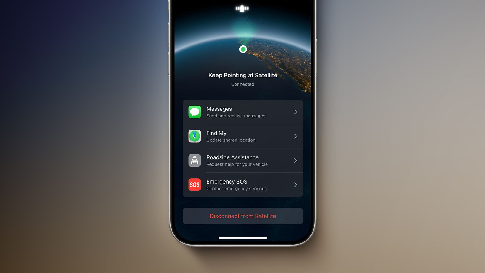 من موقع فون إسلام: تعرض شاشة الهاتف الذكي واجهة اتصال عبر الأقمار الصناعية مع خيارات للرسائل، و"ابحث عني"، و"المساعدة على الطريق"، و"استغاثة الطوارئ"، كما هو موضح في أخبار الأسبوعية التقنية لهذا نوفمبر.