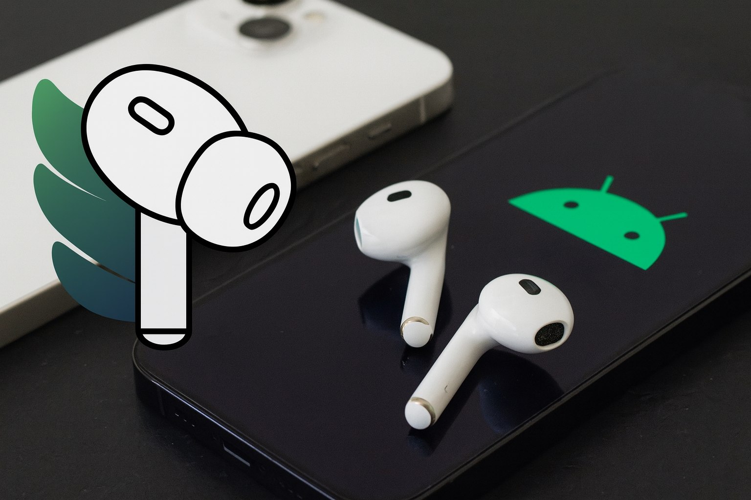 من موقع فون إسلام: تستقر سماعات الأذن اللاسلكية البيضاء على هاتف ذكي أسود اللون يحمل شعار Android، مما يشير إلى توافقها مع تطبيق AirPods للأندرويد، مع هاتف ذكي أبيض وأيقونة سماعة أذن مصورة في الخلفية.