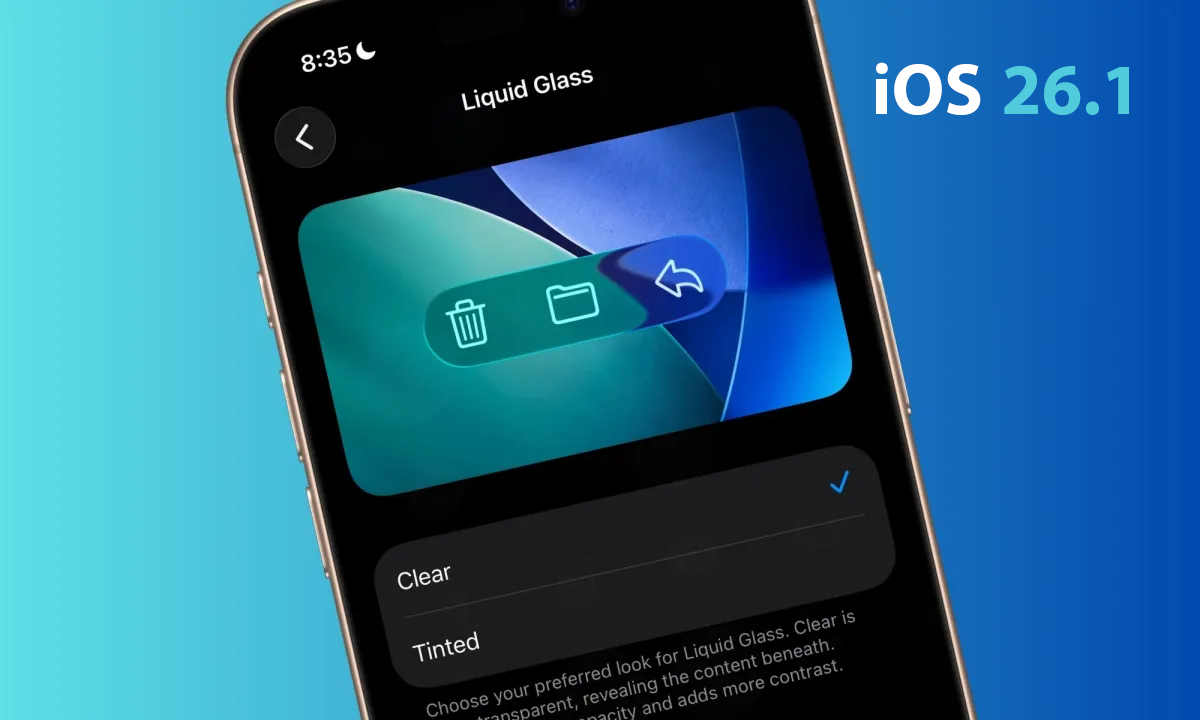 من موقع فون إسلام: تعرض شاشة الهاتف الذكي إعدادات "الزجاج السائل" في تحديث iOS 26.1، حيث تعرض خيارات للخلفيات الشفافة أو الملونة على خلفية مجردة.