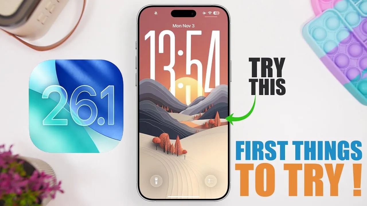 من موقع فون إسلام: يعرض جهاز iPhone شاشة قفل ملونة بأرقام كبيرة، بجانب أيقونة "26.1" ونص عريض، مع إبراز ميزات تحديث iOS وأحدث تحديث iOS 26.1 لتجربته أولاً!.