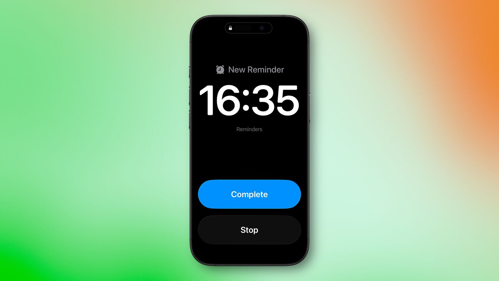 من موقع فون إسلام: تعرض شاشة الهاتف الذكي تذكيرًا مضبوطًا على الساعة 16:35، مع زري "إكمال" و"إيقاف" أسفل الوقت - مما يدل على سهولة تعيين تذكيرات باستخدام زر "إكمال" و"إيقاف".