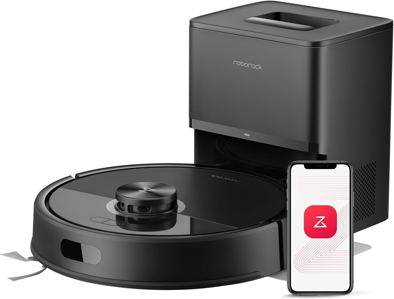 من موقع فون إسلام: مكنسة روبوتية سوداء مزودة بقاعدة إرساء وهاتف ذكي يعرض تطبيق تحكم، مثالية للاستفادة من خصومات المكان الروبوتية خلال يوم 11.11 أو اغتنام عروض روبوروك المميزة.