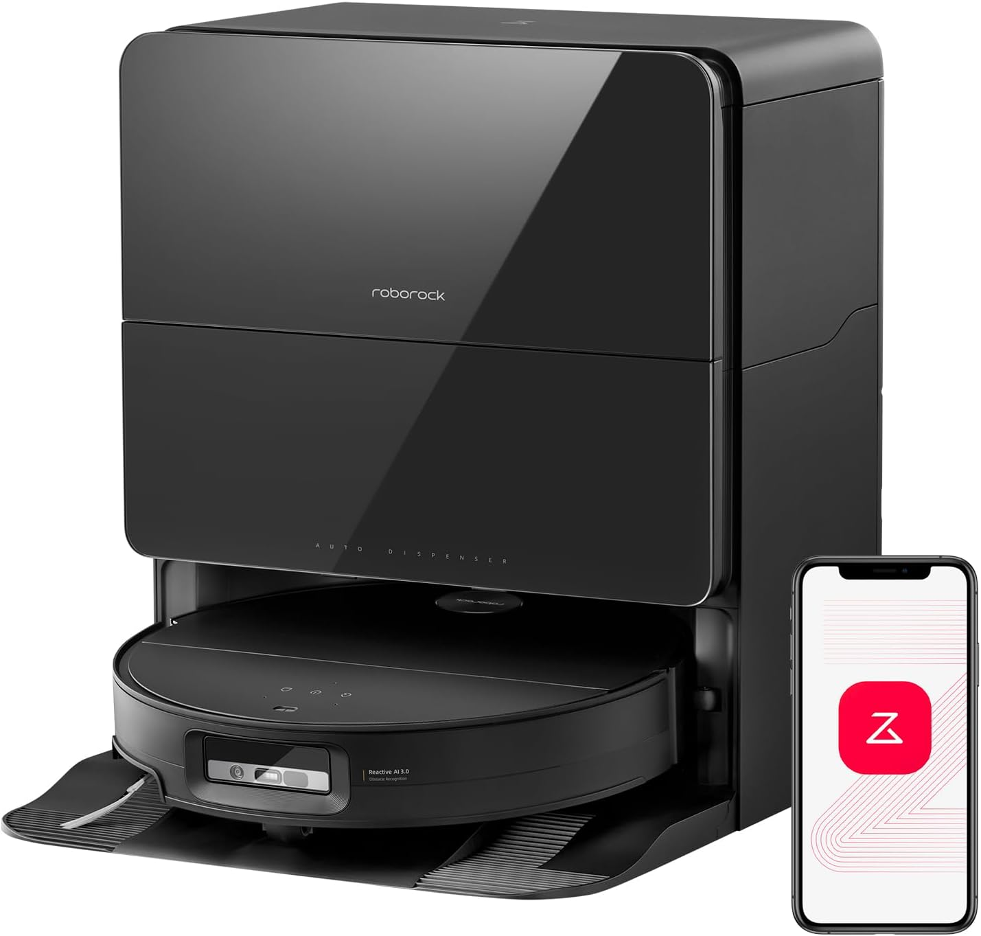 من موقع فون إسلام: توجد مكنسة روبوت روبوروك سوداء اللون في قاعدة الشحن الخاصة بها، بجانب هاتف ذكي يعرض شعار تطبيق روبوروك - وهي مثالية للاستفادة من عروض روبوروك وخصائص المكان خلال 11.11.