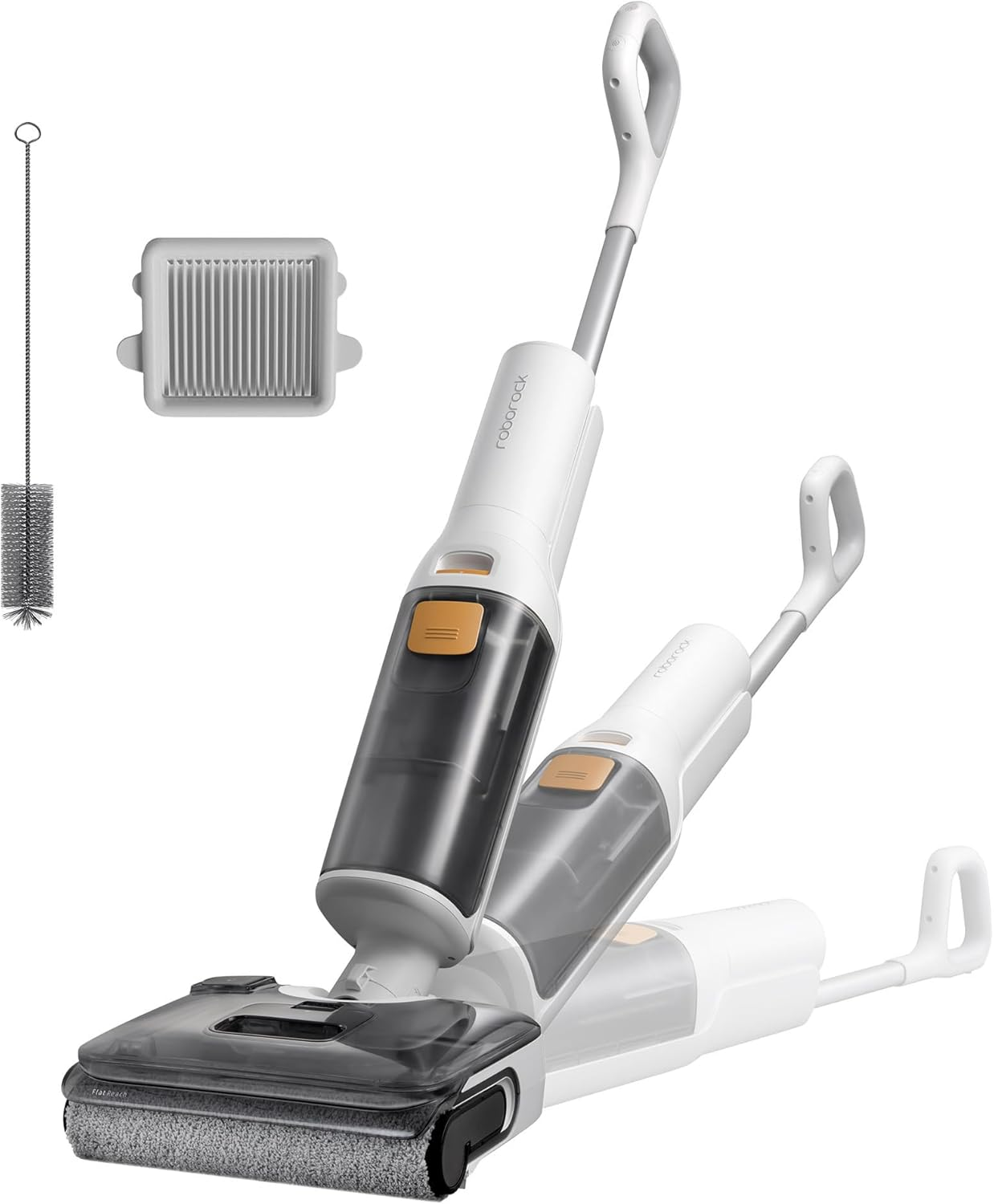 من موقع فون إسلام: ممسحة روبوروك الكهربائية اللاسلكية باللونين الأبيض والرمادي مع فرشاة تنظيف وفلتر، تظهر في أوضاع متعددة لإبراز مرونتها - مثالية للاستفادة من الخصائص 11.11 على مكانس روبوروك روبوروك وعروض روبوروك المميزة.