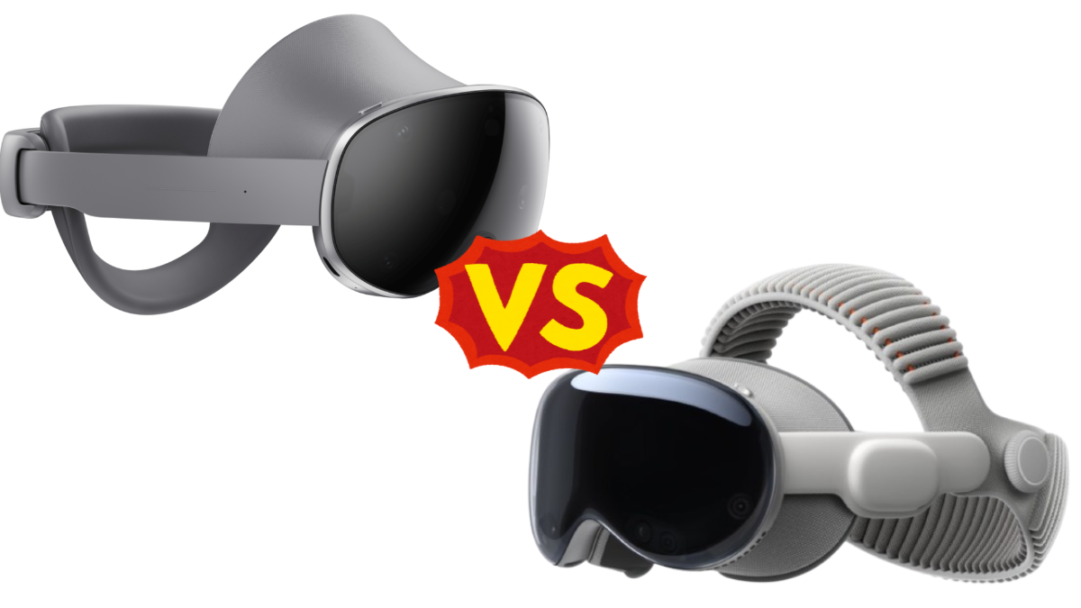 من موقع فون إسلام: سماعتان مختلفتان للواقع الافتراضي-نظارة أبل فيجنو ونظارة سامسونج XR-تظهران بمواجهة بعضهما البعض مع رسم "VS" في الوسط، مما يشير إلى مقارنة النظارات.