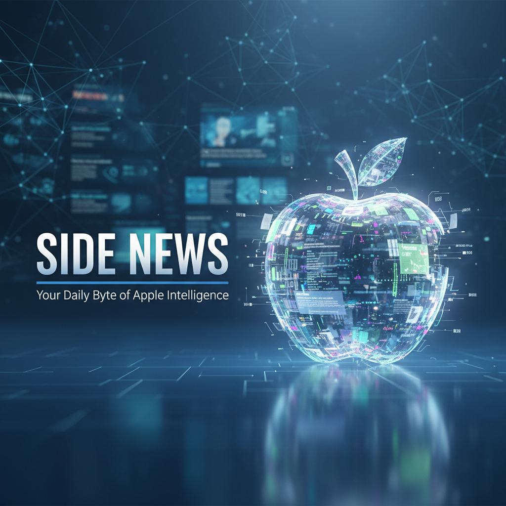 من موقع فون إسلام: تظهر تفاحة رقمية مصنوعة من عناصر تكنولوجية متوهجة بجوار النص "SIDE NEWS أخبارك اليومية من ذكاء Apple" على خلفية مستقبلية مع شاشات البيانات، ملمحًا إلى أحدث ابتكارات آي ڤون 18.