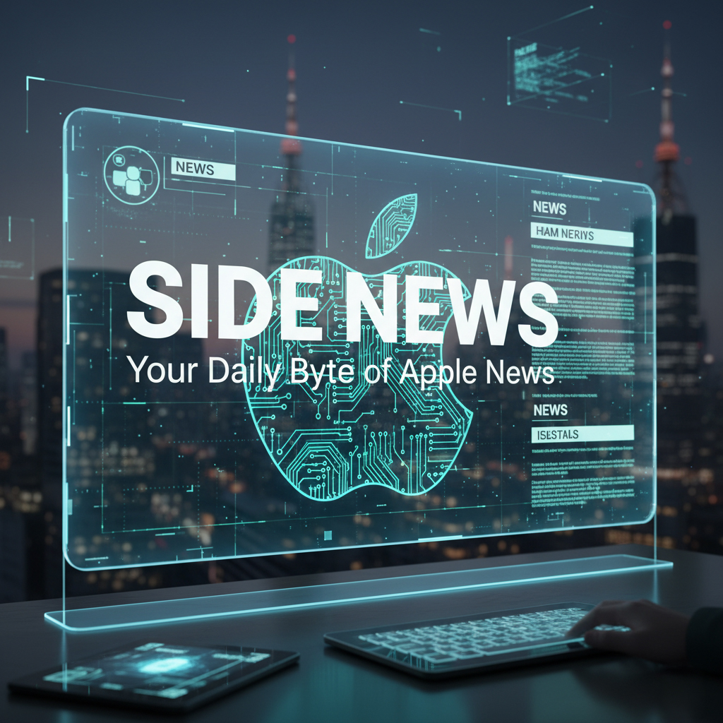 من موقع فون إسلام: شاشة رقمية مستقبلية تعرض "SIDE NEWS: البايت اليومي من أخبار Apple" مع شعار Apple منقوش على شكل دائرة كهربائية وتلميحات لـ آي-فون 18، على خلفية منظر المدينة.