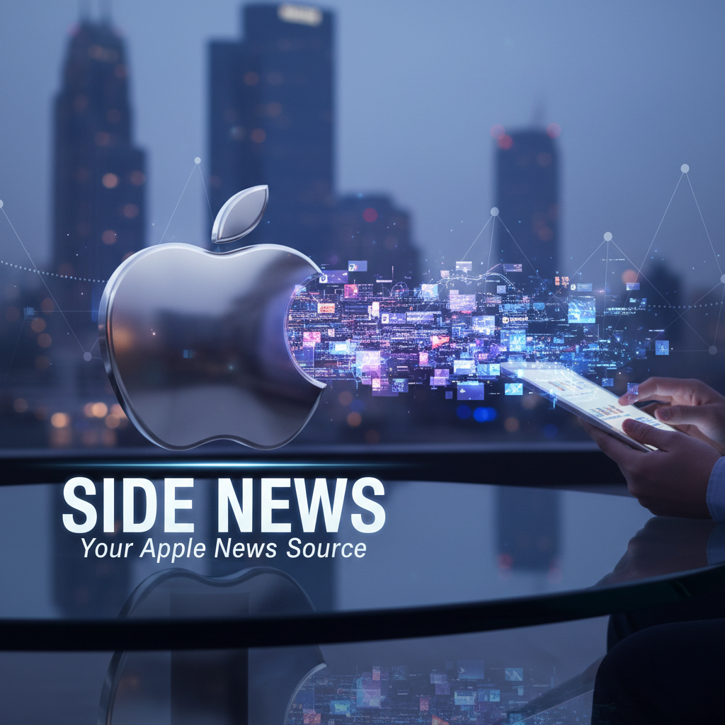 من موقع فون إسلام: شخص يحمل جهازاً لوحياً على طاولة عليها شعار أبل كبير وصور رقمية عائمة ومباني المدينة في الخلفية. النص يقول: "أخبار الجانب: مصدر أخبار Apple الخاص بك لكل شيء من iPad إلى آي باد إلى آي فون 18.