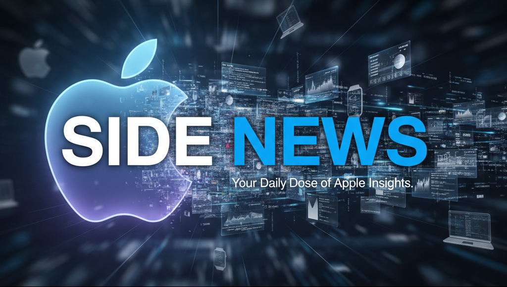 من موقع فون إسلام: شعار Apple بجانب النص "SIDE NEWS" مع "جرعتك اليومية من رؤى Apple" في الأسفل، على خلفية رقمية تضم شاشات وبيانات مرئية وآخر المستجدات على آي-فون 18.