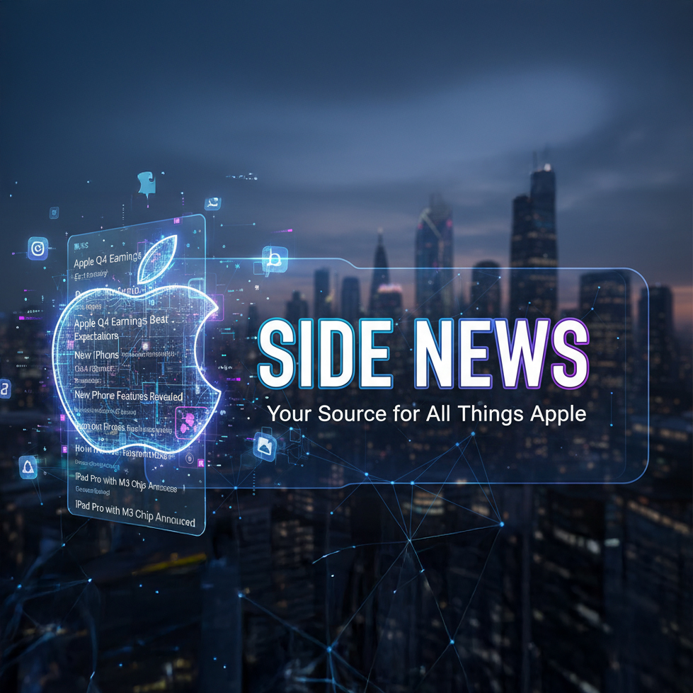 من موقع فون إسلام: رسم توضيحي رقمي يحمل شعار Apple وأيقونات تقنية ونص "SIDE NEWS: مصدرك لكل ما يتعلق بشركة Apple" مقابل أفق المدينة - مع تحديثات على آي-فون 18 والمزيد.