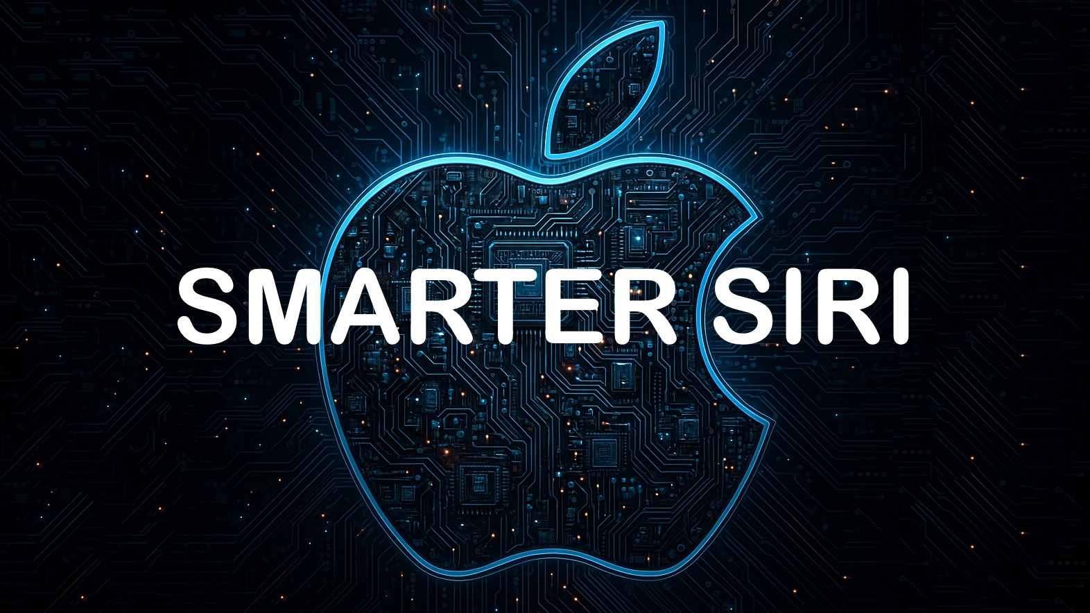 من موقع فون إسلام: شعار Apple متوهج مع خلفية لوحة دوائر كهربائية وكلمات "SMARTER SIRI" بنص أبيض غامق في المنتصف، مع إبراز تحديث سيري والذكاء الاصطناعي.