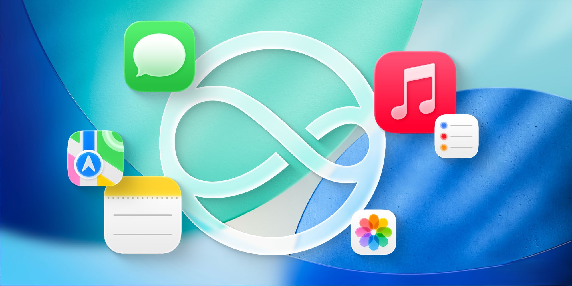 من موقع فون إسلام: يتوسط رمز اللانهاية المتوهج على خلفية تجريدية زرقاء، وتحيط به أيقونات للرسائل والموسيقى والخرائط والملاحظات والتذكيرات والصور - مما يبرز تحديث سيري والذكاء الاصطناعي الجديد.