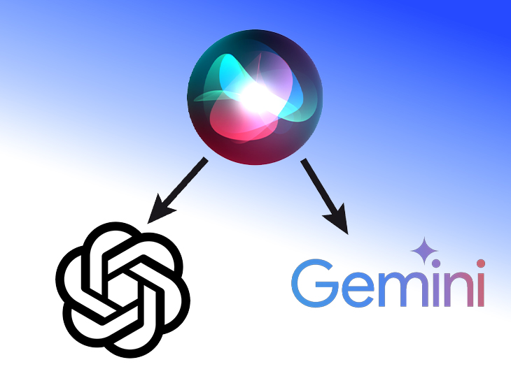 من موقع فون إسلام: رسم بياني يُظهر أيقونة سيري من Apple في الأعلى، مع إبراز ميزات جديدة في الذكاء الاصطناعي، مع أسهم تشير إلى شعار OpenAI على اليسار وشعار Google Gemini على اليمين.