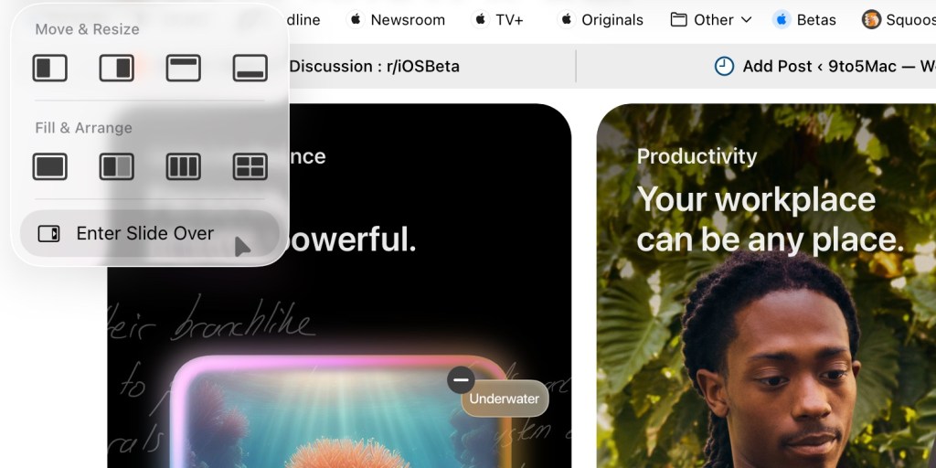 من موقع فون إسلام: لقطة شاشة لشاشة كمبيوتر تظهر موقعًا إلكترونيًا مع تراكب شريط أدوات التحرير ولوحتين إحداهما تحمل عنوان "تحت الماء" والأخرى تظهر شخصًا تحت عنوان "الإنتاجية," تبرز ميزات ميزات iPadOS من التحديث الجديد للآيباد.