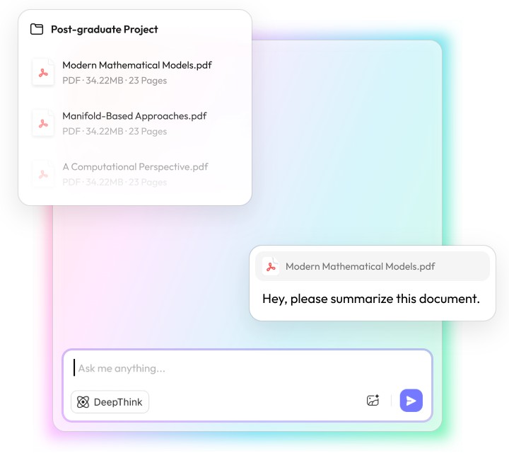 من موقع فون إسلام: تعرض واجهة المستخدم ملفات PDF المتعلقة بمشروع ما بعد التخرج باستخدام UPDF ومربع دردشة حيث يتم تقديم طلب تلخيص مستند ما.