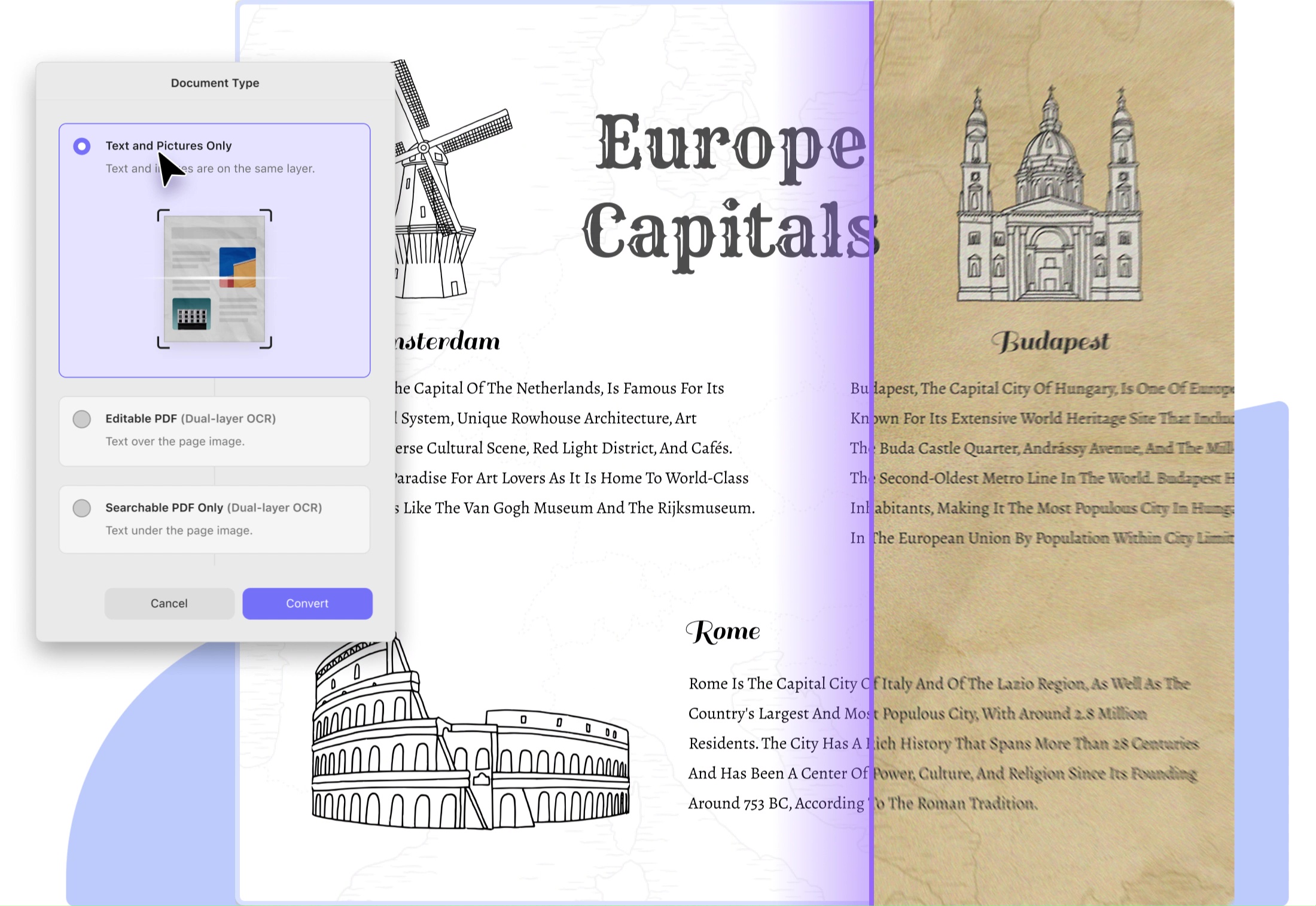 من موقع فون إسلام: تظهر نافذة لتحويل المستند من UPDF، محرر ملفات PDF على صفحات مصورة بعنوان "عواصم أوروبا"، تضم رسومات لمعالم وأوصاف مدن أمستردام وروما وبودابست.