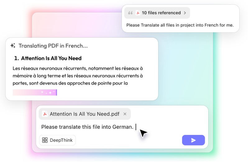 من موقع فون إسلام: يختار أحد المستخدمين ملف PDF بعنوان "الاهتمام هو كل ما تحتاجه" في UPDF، محرر ملفات PDF المحسنة بواسطة الذكاء الاصطناعي، ويطلب الترجمة إلى الألمانية؛ وتشير ملاحظات أخرى على الشاشة إلى الرجوع إلى 10 ملفات وترجمة الملفات إلى الفرنسية.