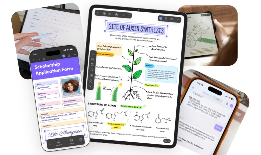 من موقع فون إسلام: تُظهر صورة مجمعة للأجهزة الرقمية باستخدام UPDF، حيث يعرض الجهاز اللوحي مذكرة علمية مكتوبة بخط اليد، ويعرض الهاتف تطبيقًا للمنح الدراسية، ويظهر الكتاب الإلكتروني، ويتم تعزيز قائمة الملاحظات عن طريق الذكاء الاصطناعي وتدوين الملاحظات بكفاءة.