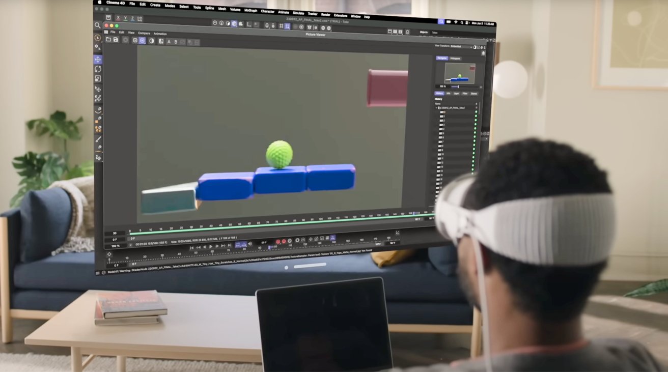 من موقع فون إسلام: يستخدم الشخص الذي يرتدي سماعة رأس، مثل نظارة سامسونج إكس آر، جهاز كمبيوتر محمول لإنشاء رسوم متحركة ثلاثية الأبعاد على شاشة افتراضية كبيرة في غرفة معيشة حديثة.