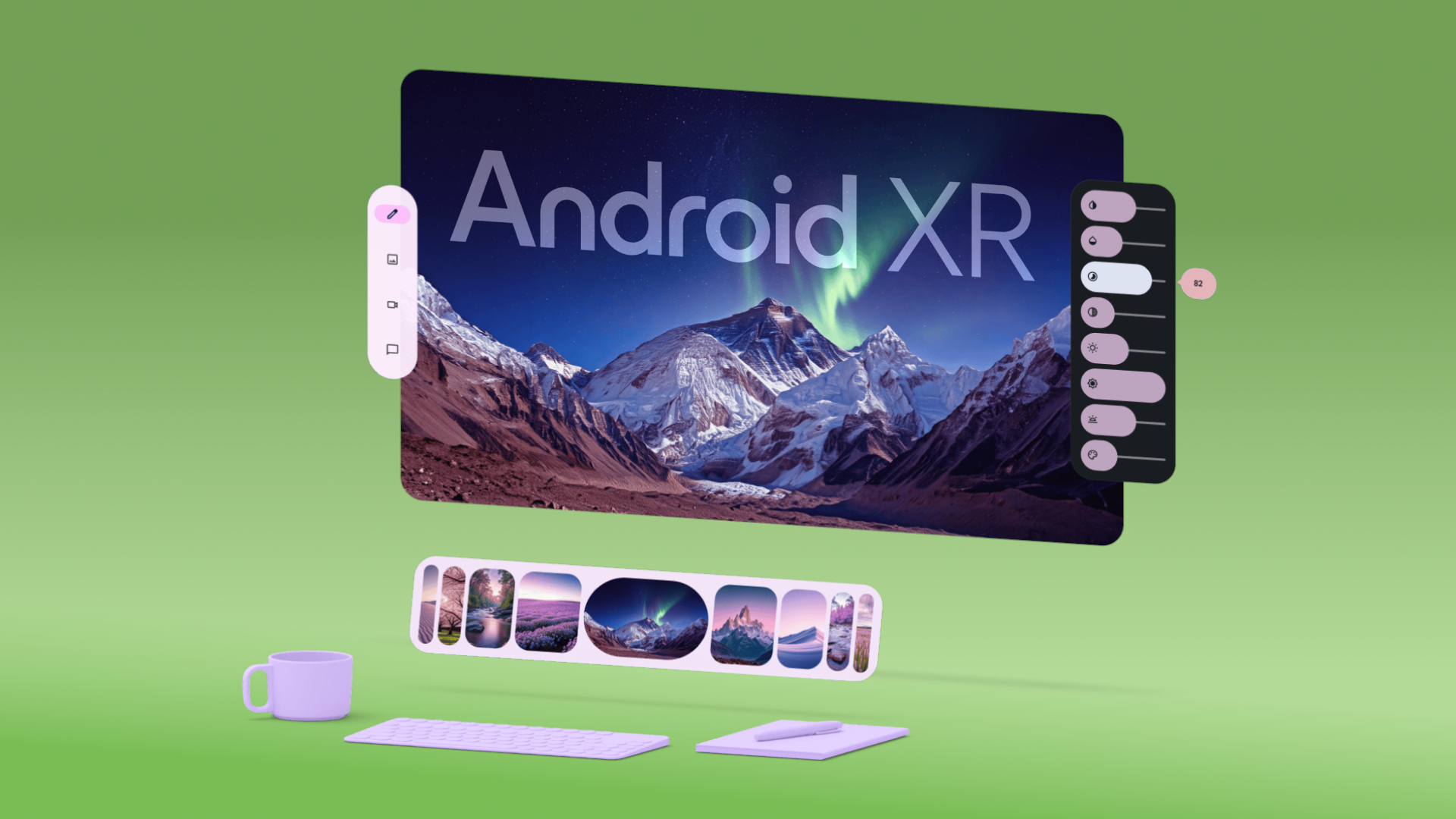 من موقع فون إسلام: واجهة رقمية مكتوب عليها "Android XR" تعرض الجبال وعناصر التحكم، إلى جانب لوحة مفاتيح وفأرة وكوب, وصور مصغرة عائمة للصور على خلفية خضراء، مستوحى من مقارنة نظارة أبل فيجنو ونظارة سامسونج XR.