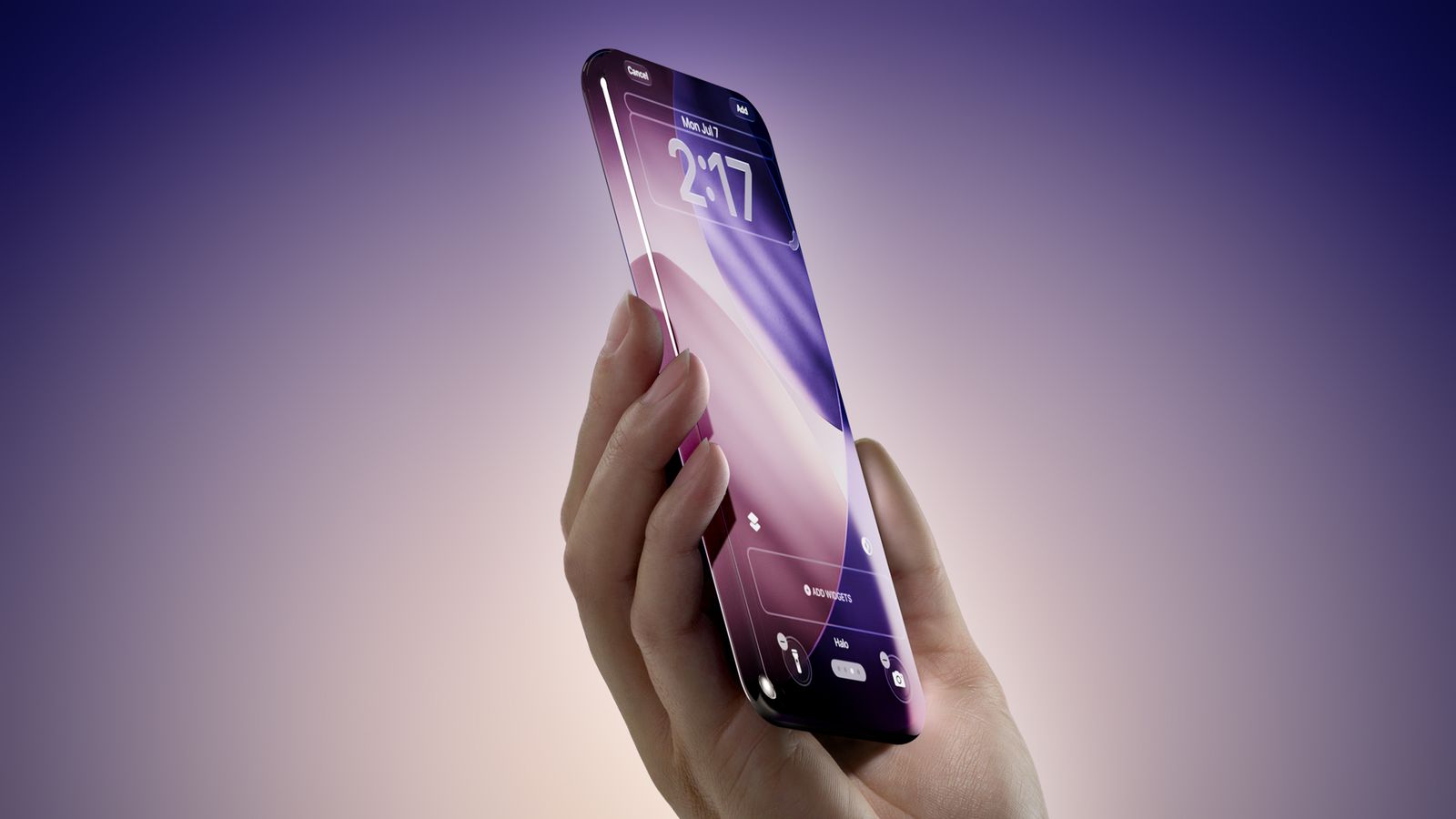 Mula sa PhoneIslam: Isang kamay na may hawak na moderno at transparent na smartphone ang nagpapakita ng lock screen na may oras na 2:17 at iba't ibang icon, sa isang gradient na background, perpekto para sa mga balitang pang-teknolohiya. Buod ng linggo sa Disyembre 2023.