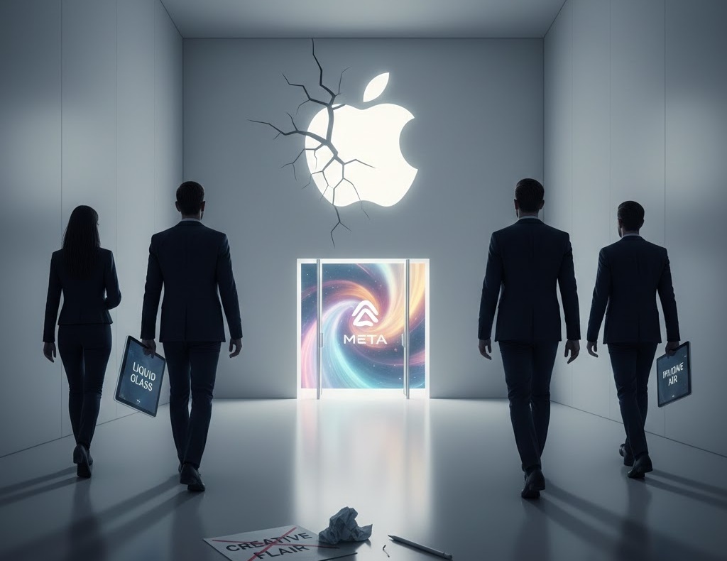 من موقع فون إسلام: يسير أربعة أشخاص يرتدون ملابس العمل نحو شعار ميتا المتوهج ويمرون من خلال جدار متصدع عليه شعار ™آبل؛ ويحملون حقائب مكتوب عليها "زجاج سائل" و"بحيرة الهاتف.