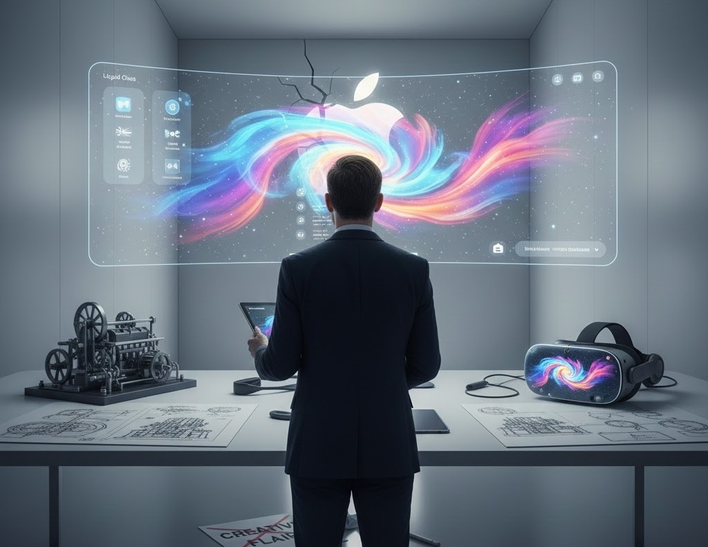 من موقع فون إسلام: رجل يرتدي بدلة ويستخدم جهازًا لوحيًا، ربما من آبل في مختبر حديث يركز على التصميم، ويواجه شاشة رقمية كبيرة ذات رسومات ملونة، وتحيط به مخططات وسماعة رأس للواقع الافتراضي ونموذج ميكانيكي.