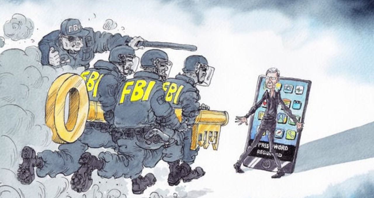 من موقع فون إسلام: يقترب أربعة من عملاء مكتب التحقيقات الفيدرالي يحملون مفتاحًا كبيرًا من رجل يقف أمام هاتف ذكي كبير الحجم يعرض "كلمة المرور مطلوبة"، في إشارة إلى الجدل الأمني الذي دار حول "آبل الصين".
