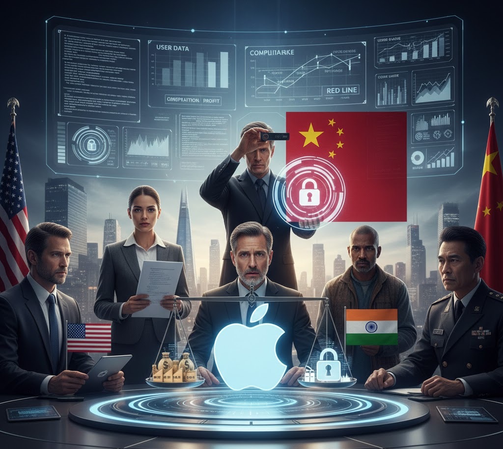 من موقع فون إسلام: يناقش قادة الأعمال من الولايات المتحدة الأمريكية وآبل الصين والهند الأمن السيبراني وخصوصية البيانات، مع عرض أعلام أبل والأعلام الوطنية والأقفال الرقمية ومخططات البيانات من حولهم.