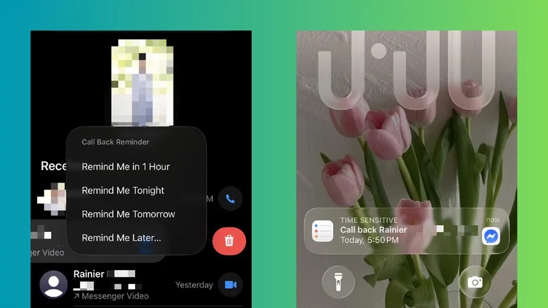 Van PhoneIslam: Twee telefoonschermen: het ene toont opties voor een herinnering om opnieuw te bellen, mogelijk gemaakt door verborgen functies in het nieuwe iOS-besturingssysteem; het andere toont een herinneringsmelding tegen een achtergrond met roze tulpen.