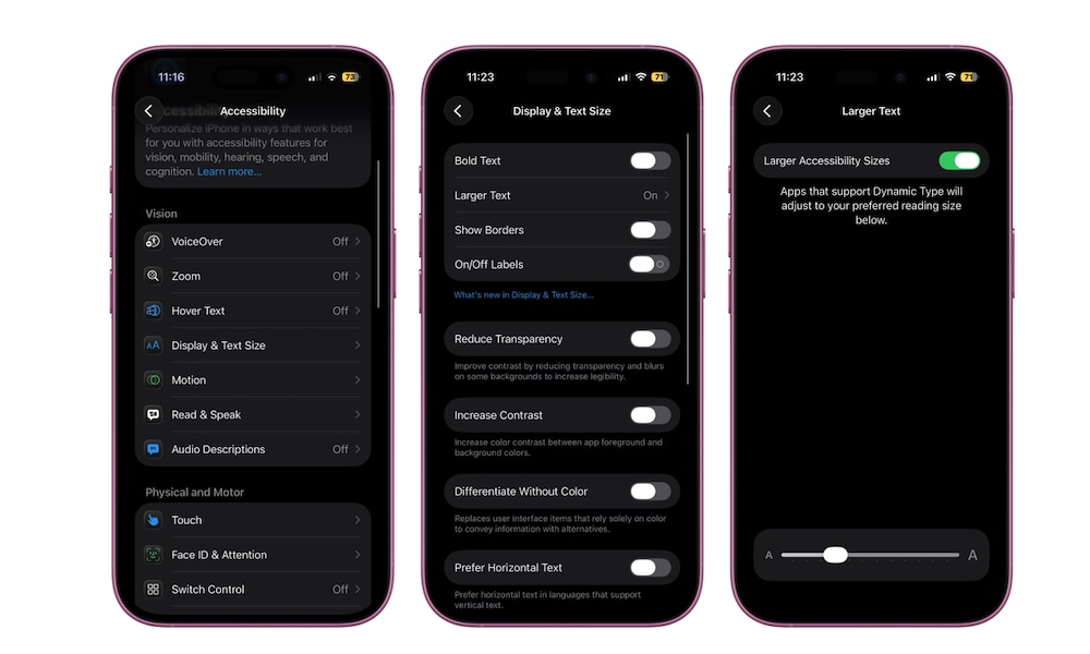 Fra PhoneIslam: Tre skjermer på iPhone viser menyer for tilgjengelighetsinnstillinger, inkludert alternativer for visning av tekststørrelse, fet skrift, reduksjon av gjennomsiktighet, fargefiltre og justering av større tekst – alt designet for å redusere tekststørrelsen, minimere tekststørrelsen og redusere ikonbruken.