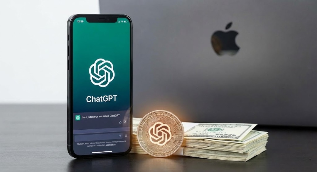 من موقع فون إسلام: هاتف ذكي يعرض شعار ChatGPT الآي-فون يعرض شعار ChatGPT الآي-فون بجانب عملة مشفرة متوهجة وكومة من النقود وجهاز كمبيوتر محمول مغلق من Apple على مكتب مظلم.