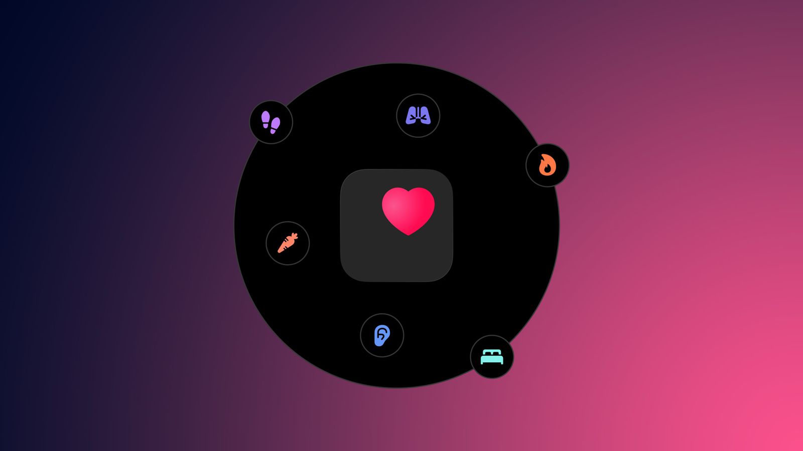 من موقع فون إسلام: دائرة سوداء مع أيقونة قلب في المنتصف، محاطة بستة أيقونات صغيرة للخطوات والتنفس والسمع والنوم, والمزيد من المقاييس الصحية على خلفية متدرجة لونها وردي-أرجواني-مثالي لملخص أخبار الهامش لهذا الاسبوع من نوفمبر.