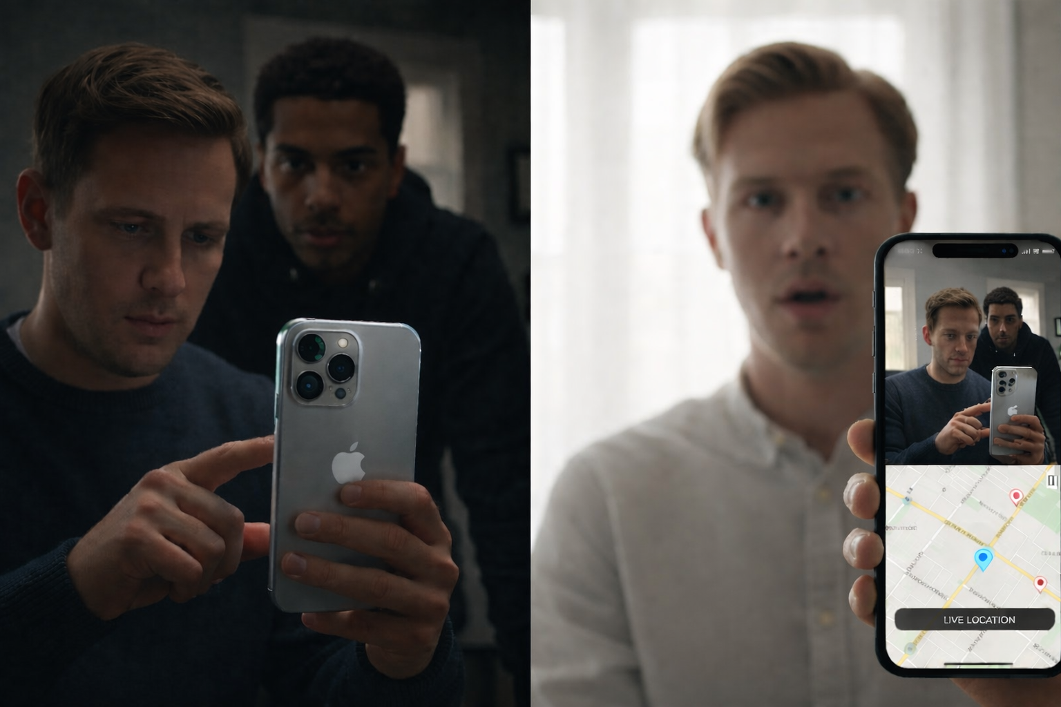 من موقع فون إسلام: رجلان ينظران إلى شاشة هاتف آيفون، وتظهر صورة ثانية لقطة مقرّبة من كاميرا الآيفون تعرض خريطة حية للموقع ومقطع فيديو للرجلين.