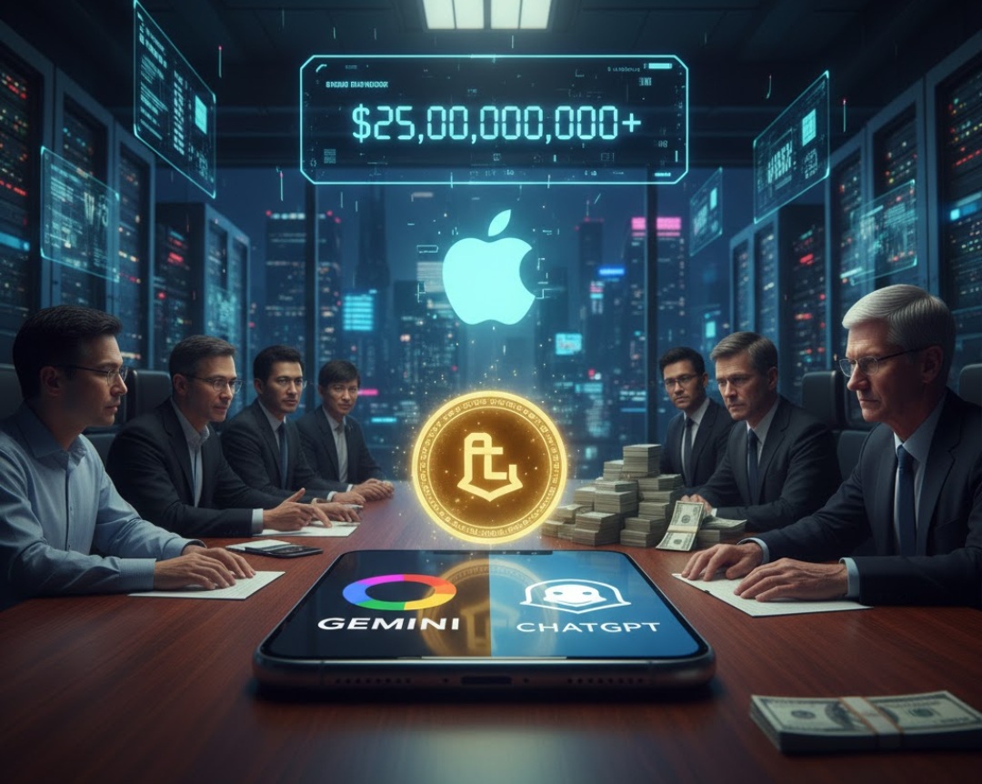 من موقع فون إسلام: يجتمع المديرون التنفيذيون الذين يرتدون بدلات رسمية على طاولة اجتماعات مع عملة رقمية وشعار Apple وشعار الآي-فون وأيقونات التطبيقات، وتحيط بهم خوادم ونقود مع رقم نقدي كبير فوقهم.