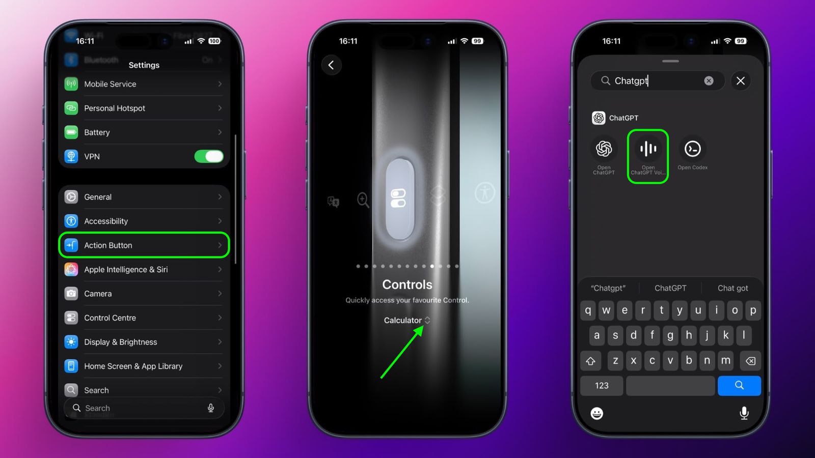 Fan 'e webside fan Phone Islam: 03 iPhone-apparaten werjaan: Ynstellings, ynstellings foar oanpaste aksjeknop, balke, brûk de aksjeknop om de rekkenmasine te iepenjen, en de Chatjet-applikaasje ferskynt yn 'e sykbalke mei syn ûnderskiedende ikoan.