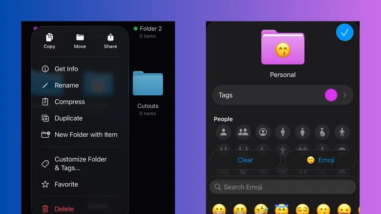 Van PhoneIslam: Een screenshot met opties voor het aanpassen van mappen in de Bestandsbeheer-app, waaronder het hernoemen, taggen en toevoegen van emoji-pictogrammen aan mappen - ontdek deze verborgen functies die zijn geïntroduceerd in iOS 26.