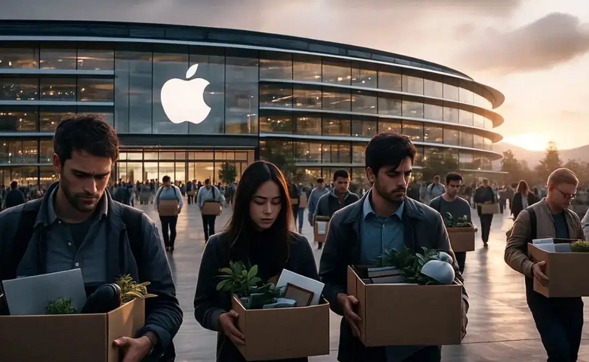 من موقع فون إسلام: مجموعة من الأشخاص يحملون صناديق تحتوي على متعلقاتهم الشخصية يبتعدون عن مبنى مكاتب آبل المعروف بـ "آبل المميز"، مما يشير إلى أنه تم تسريحهم.