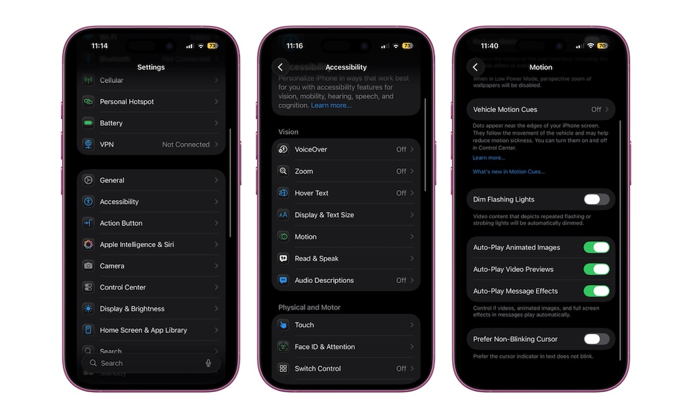 Fra PhoneIslam: Tre smarttelefoner viser innstillingsmenyer: den første viser generelle innstillinger, den andre fremhever måter å ta vare på øynene med tilgjengelighetsalternativer, og den tredje fokuserer på bevegelsesinnstillinger for å redusere belastning.
