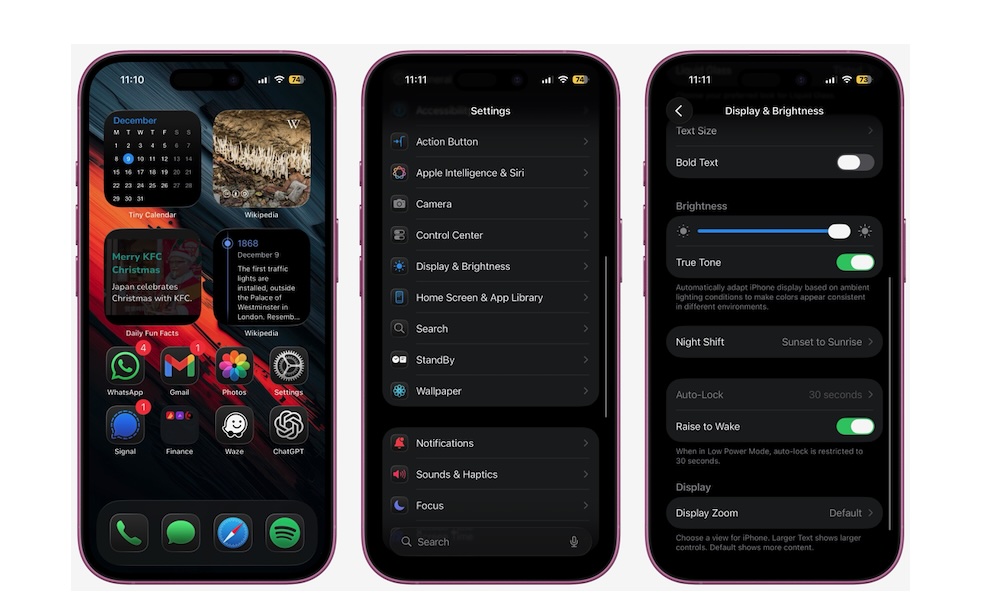 Fra PhoneIslam: Tre iPhones viser startskjermen, innstillingsmenyen og skjerm- og lysstyrkeinnstillinger, med mørk modus vist – en effektiv måte å beskytte øynene og redusere belastningen fra iPhone gjennom ulike tilpasningsalternativer.