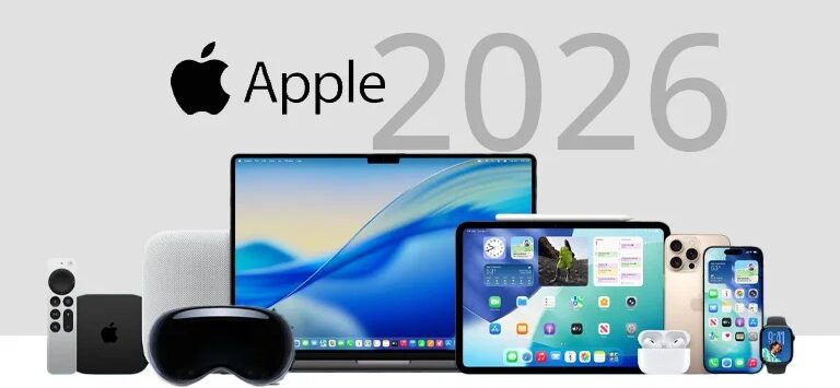 من موقع فون إسلام: مجموعة من أجهزة آبل بما في ذلك جهاز MacBook وiPad وiPad وAlphone قابل للطي وApple Watch وAirPod وAle TV عن بُعد وHomePod وApple Vision Pro مع نص "Apple 2026".